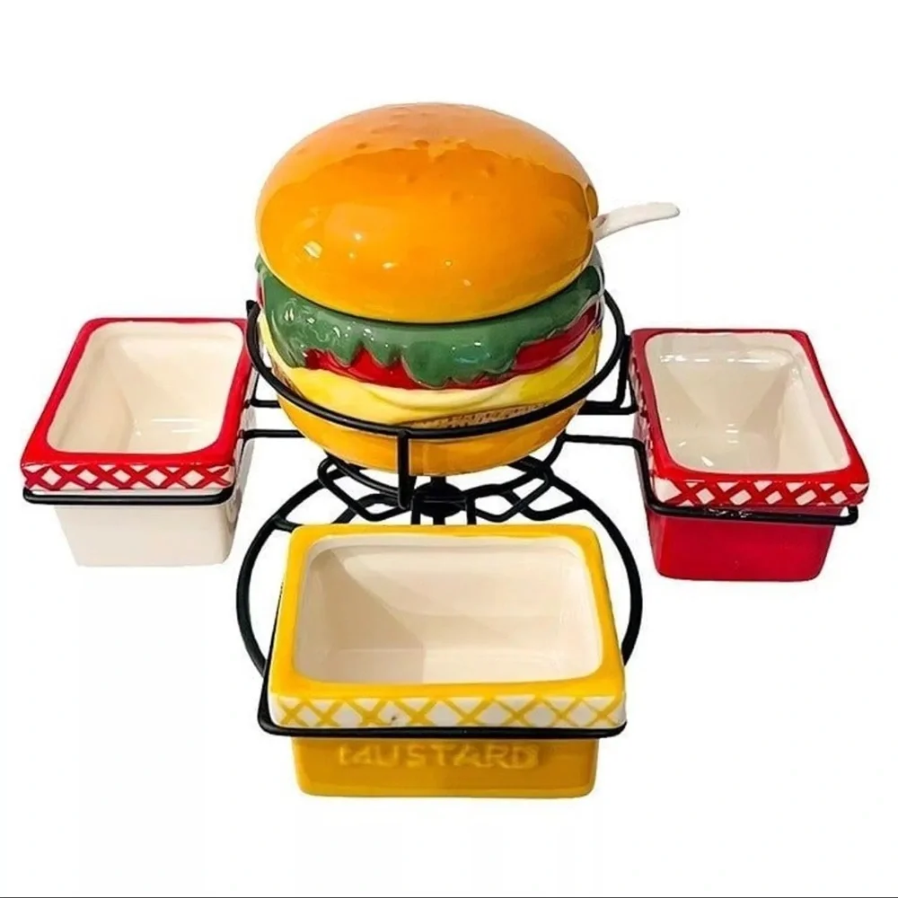 Pier 1 Imports “Thrill of the Grill” Hamburger Condiment Spinner Set C9